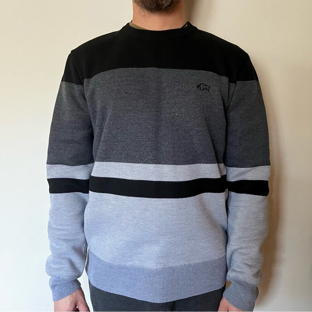 Buffalo David Bitton Striped Crewneck Sweater Size Large Black Gray Fleece Lined